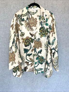 Allison Taylor Woman 1X Floral Botanical Crinkle Button Down Blouse Boho Top